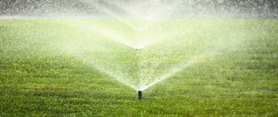 Aligned sprinkler heads on a lawn in Quincy, MA.