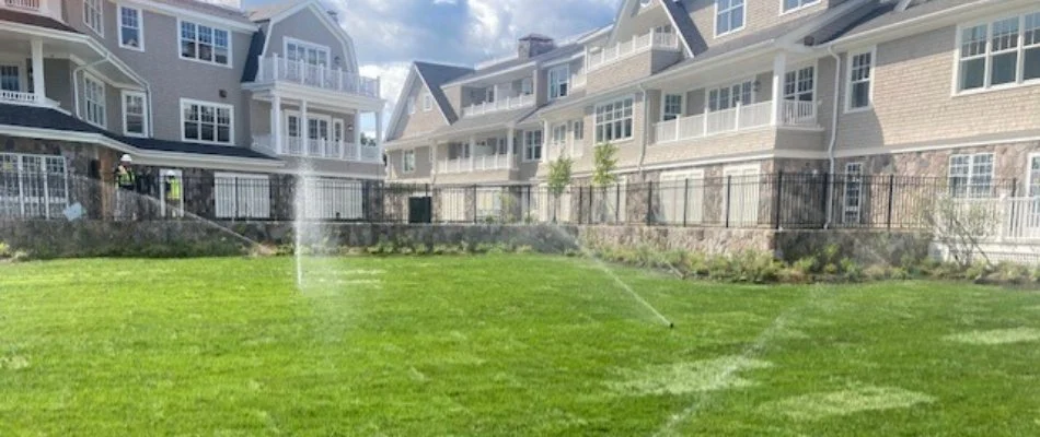 Green grass in Lexington, MA, with irrigation sprinkler heads.