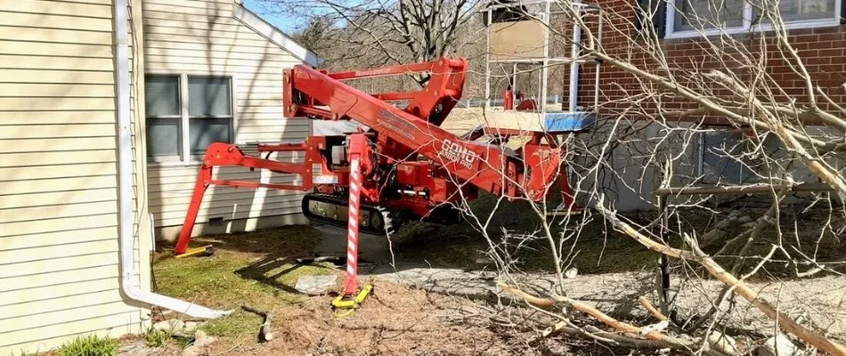 Tree on the ground and red machinery in Boston, MA.