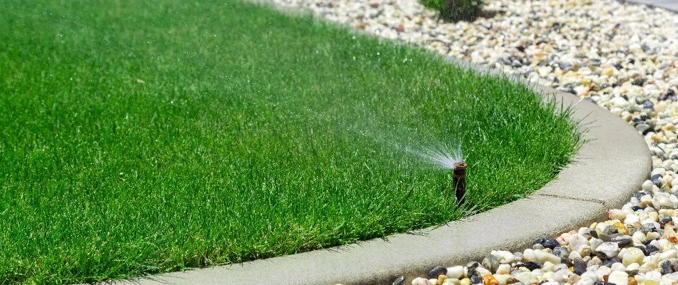 Sprinkler system spraying water on a lawn in Boston, MA.