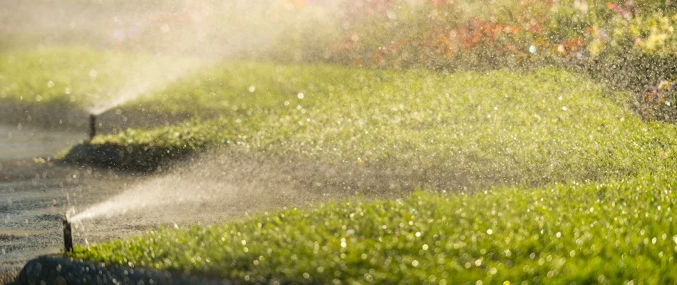 Sprinkler heads spraying water on grass in Boston, MA.