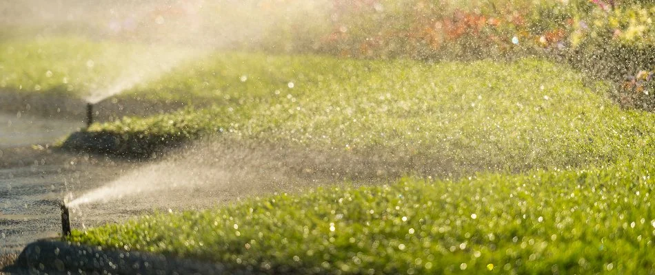 Sprinkler heads along the edge of a lawn in Newton, MA, spraying water.