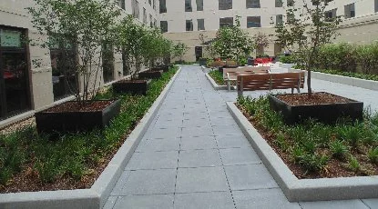 Paved courtyard with planters and seating in Boston, MA.