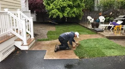 Person laying sod in yard area in Boston, MA.